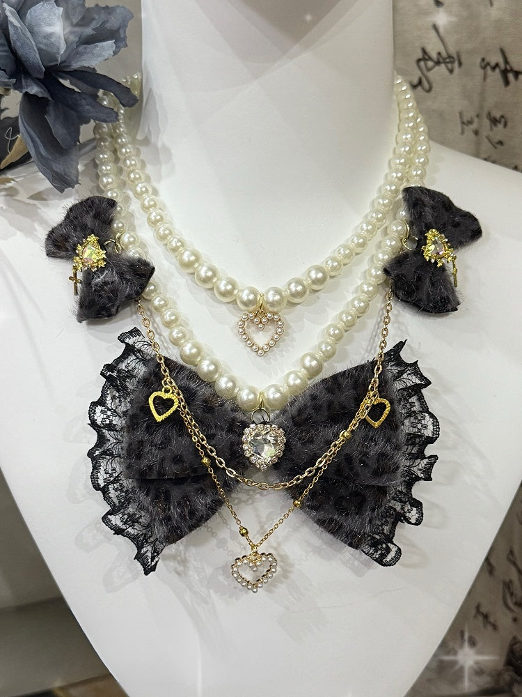 Rhinestone Color Pendant Options Heart 4 Beaded Pattern And Bowknot Leopard Necklace