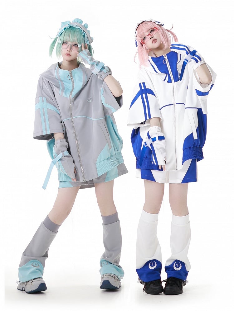 Blue and White Colorblock Design Jirai Kei Sports Shorts