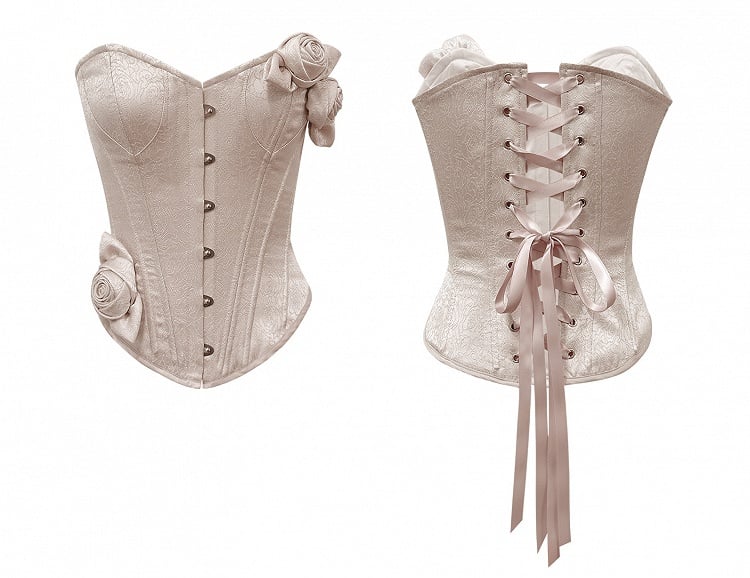 Nude Pink Vintage Bustier Flowers Satin Boned Corset Top