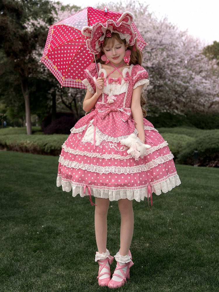 Ears Square Pattern Dress Bunny Polka Dots Lolita Neckline Pink Plush Sweet Dark