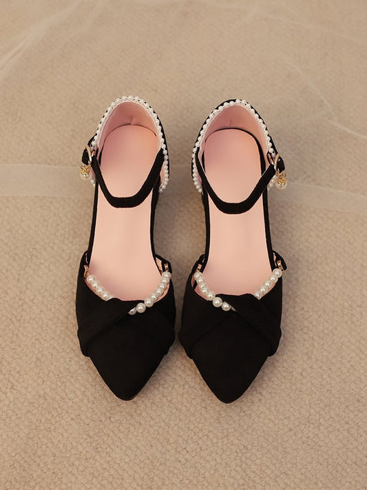 Dekor-Kettenschuhe, kompliziertes Qi, spitz zulaufend, mit schwarzer Spitze – Absatz, mittelhoher Absatz, Perlensandalen, Lolita, abnehmbare Rückseite, Wildleder