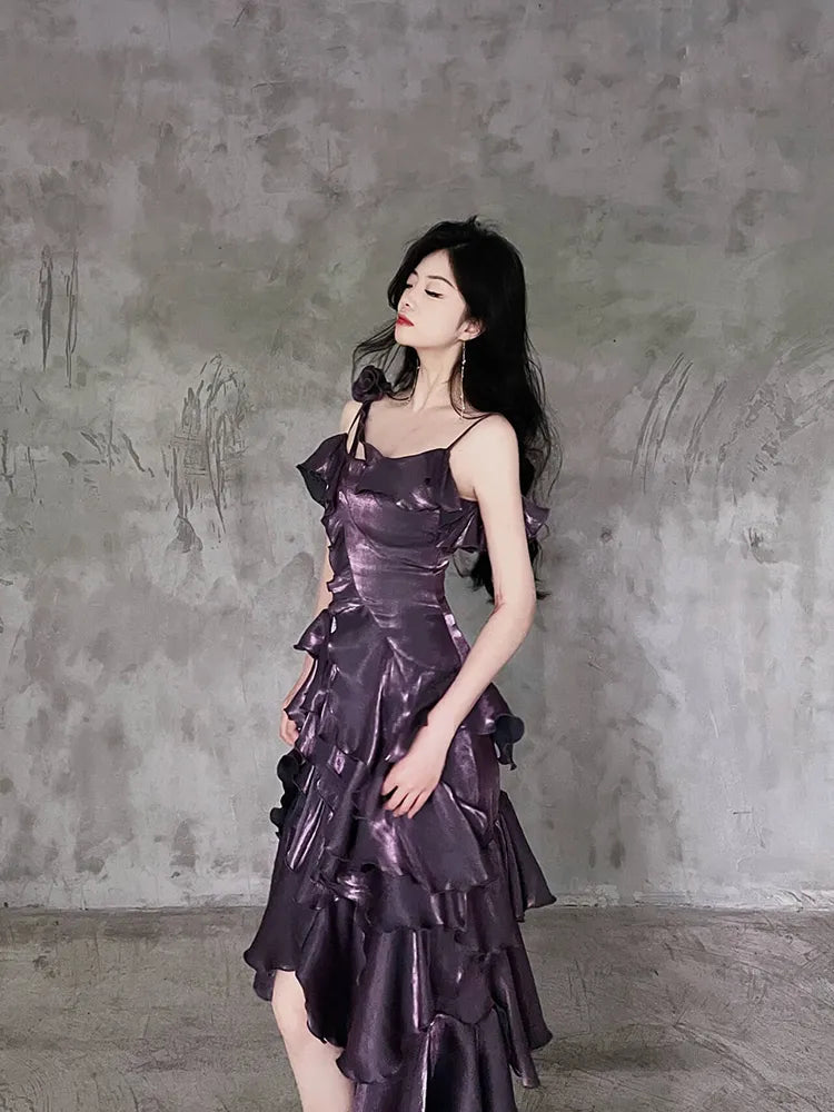 Dark Purple Asymmetrical Layered Flounce Spaghetti Strap Prom Dress Evening Gown