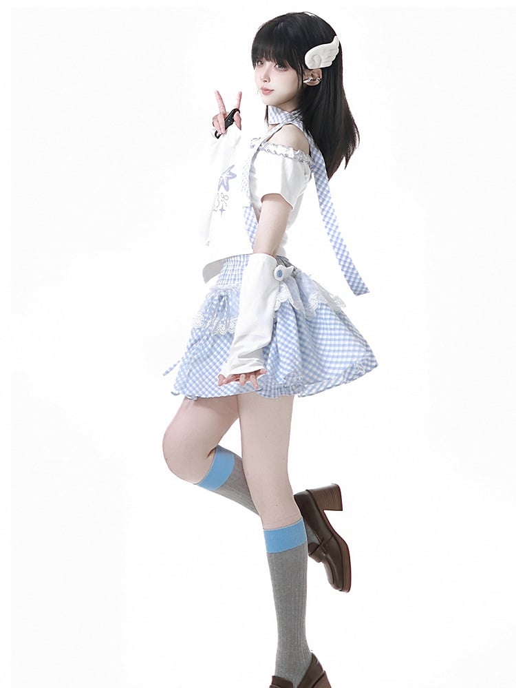 ホワイトボタンエンジェルアームウェアアクセントウィングブルー/ピンク