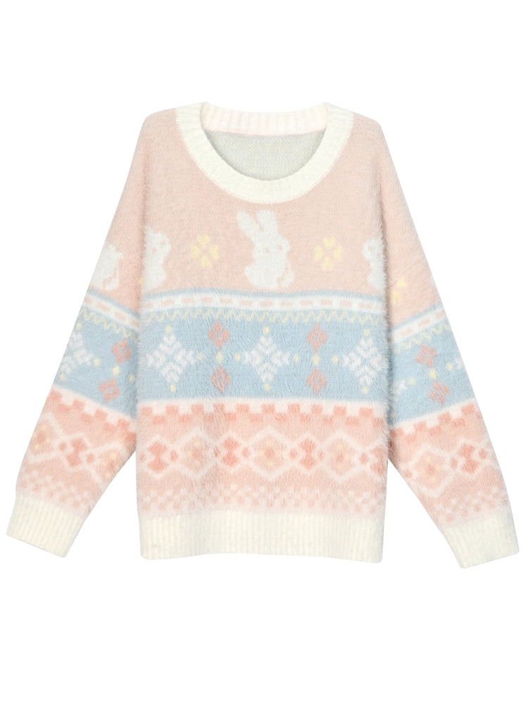 Rosa weicher Pullover mit süßem Häschenmuster und Rundhalsausschnitt
