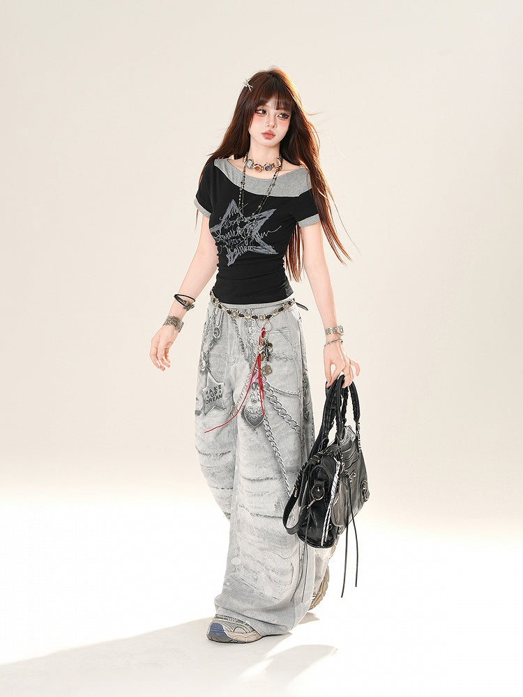 Gray Low Rise Chains Print Distressed Wide-Leg Jeans