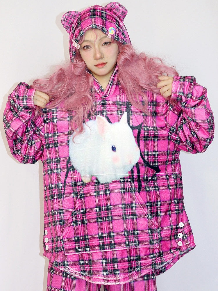 Pattern Hoodie Plaid Oversized Rose Fashion Bunny Red Print Gyaru