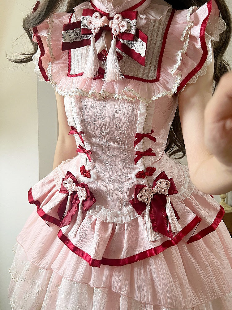 Qi Lolita Frog Button Cheongsam Collar Dress Details Style Tassel Pink