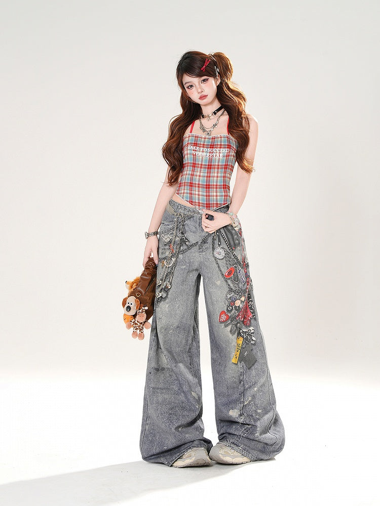 Self-tie Neck Back Backless Top Bow Red Plaid Halter