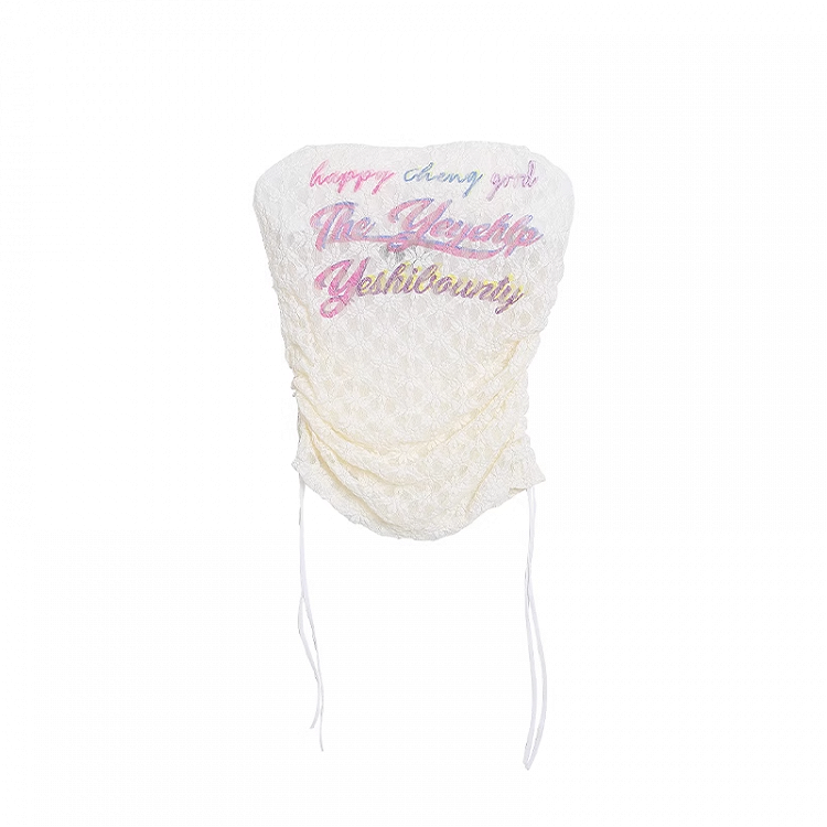 Apricot Drawstring Side Strapless Top Print Lace Cropped Letter