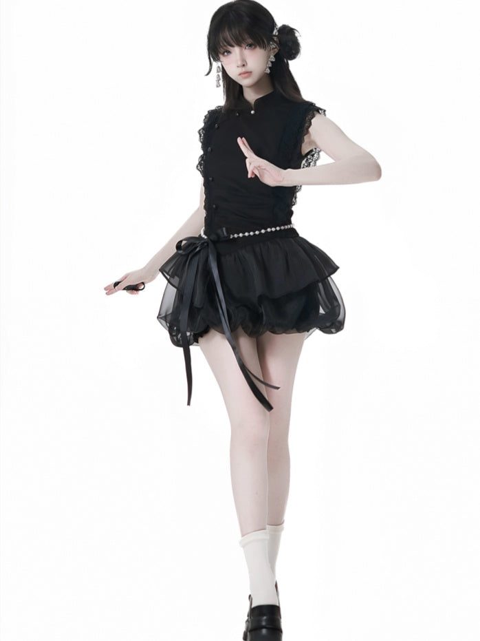 Beaded Skirt Chain with Black Cheongsam Style Banded Collar Mini Dress Bubble Waist