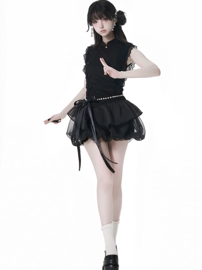Skirt with Black Cheongsam Style Banded Collar Mini Dress Chain Waist Beaded Bubble