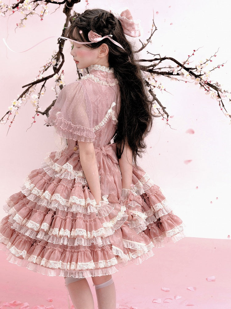 Lolita Ruffles Embroidery with Pink Lace Goldfish Details Dress Sweet and Tiered