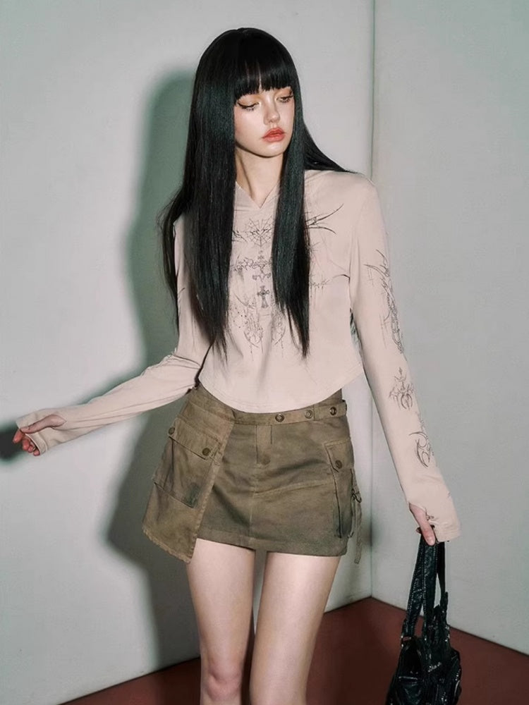 パンクロッククロススパイダーウェブキャメルサンプロテクションフード付きトップ