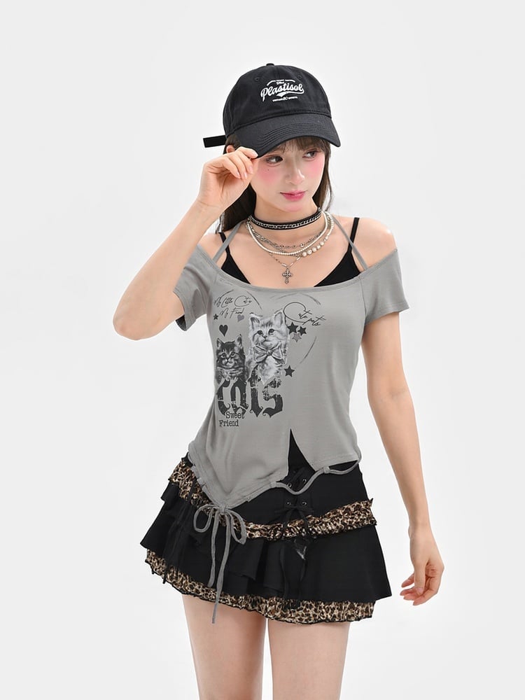 Y2K Black Leopard Pattern Mini Tiered Skirt with Details Glamorous Lace-up
