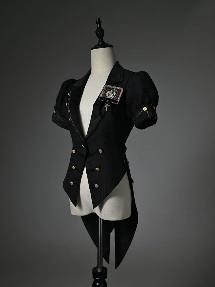 Sleeves Top Puff Blazer Black Split-Tail Short Collar
