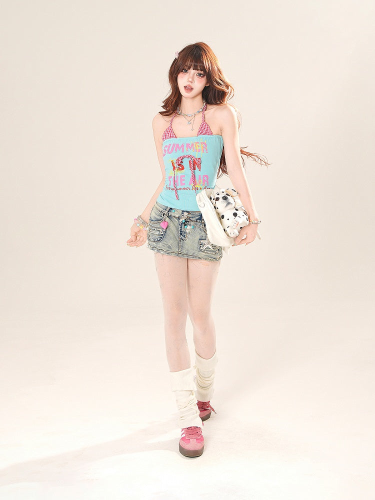 Green/Brown Letter Print Faux Two-Pieces Halter Neck Top