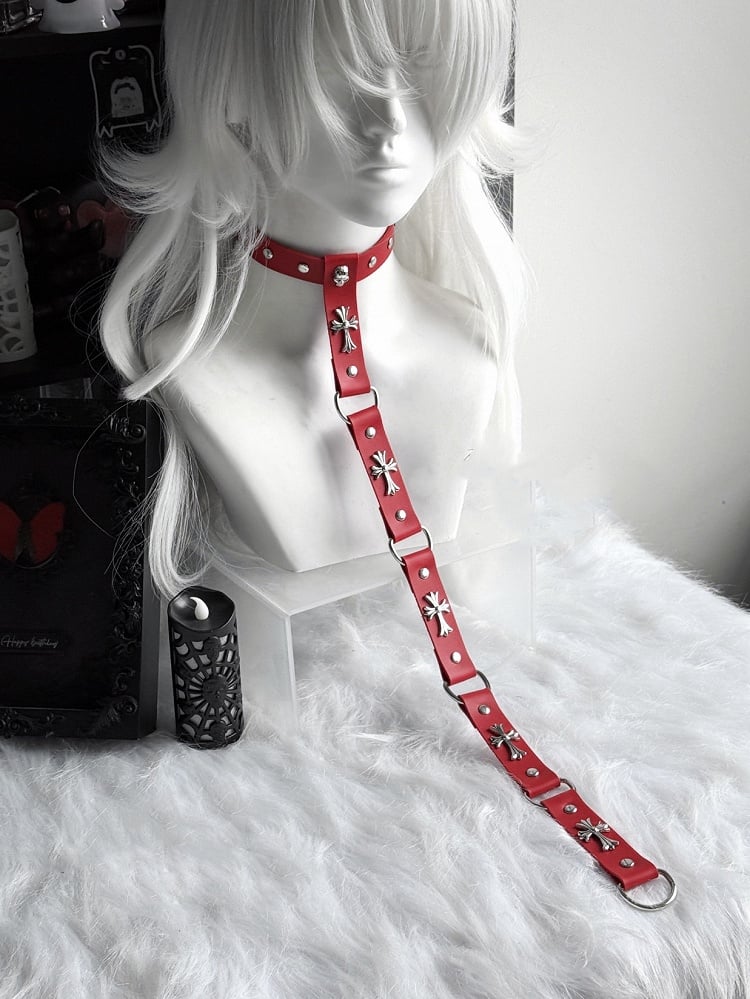 Kette Choker Punk Schwarz/Rot PU Kreuz Verziert Stud und