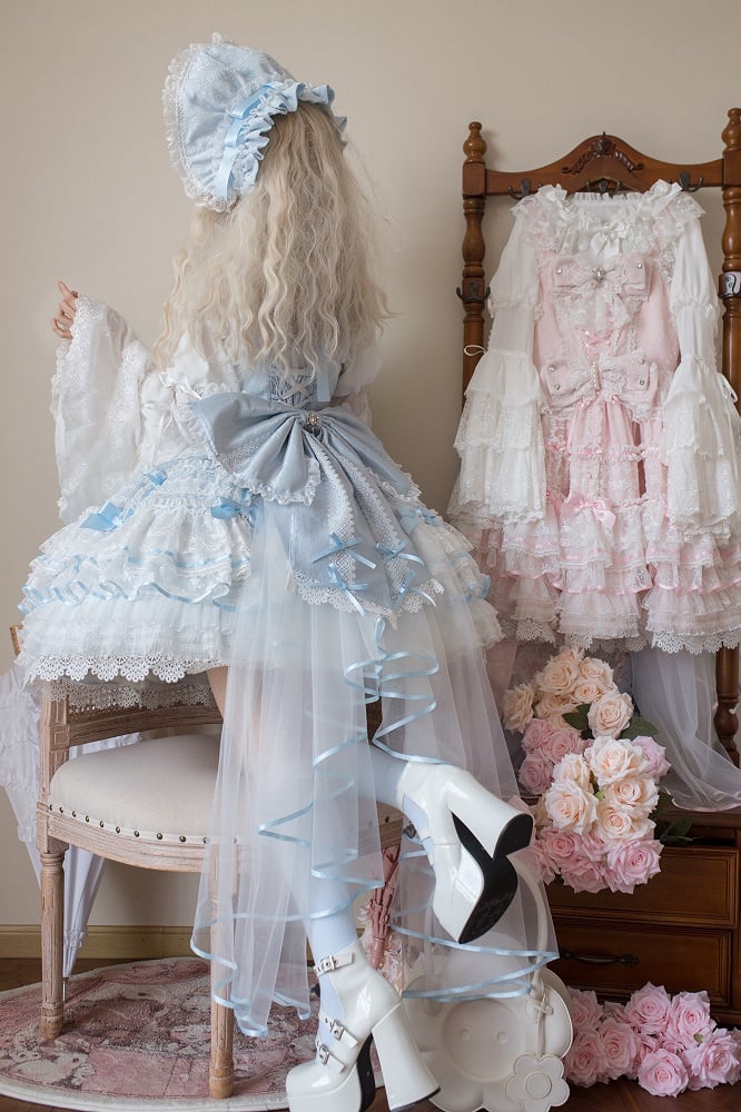 Blauer Hanayome Bowknots Lagenrock Sweet Hime Lolita Pulloverrock-Set