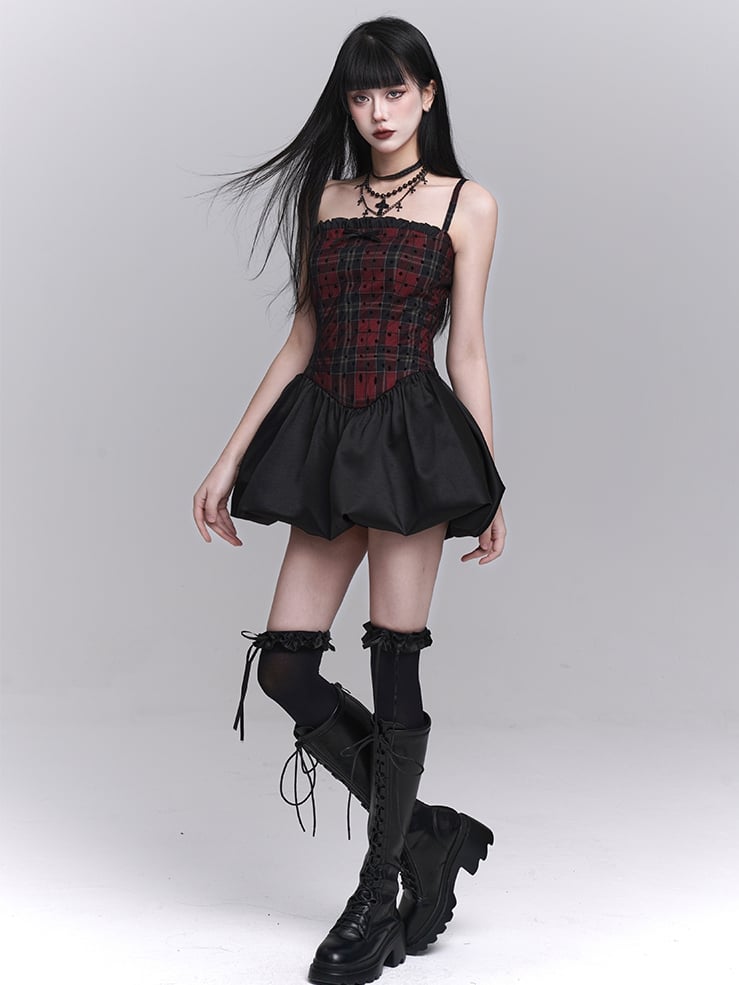 Red Plaid Basque Waist Mini Cami Dress Bubble Skirt