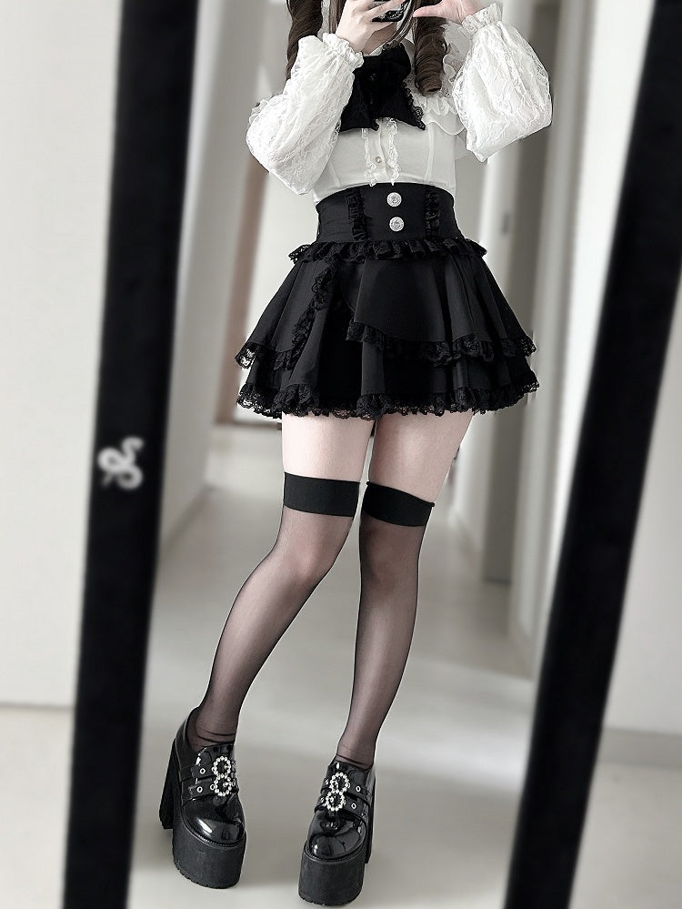 Illusion Neckline Blouse with Bead Details and Rhinestone Buttons Jirai Kei White
