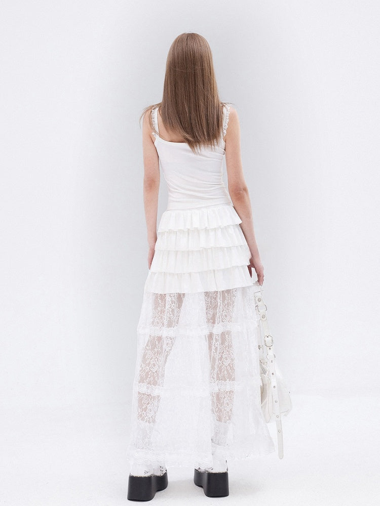 Long White Lace Skirt Hem Ruffle Tiered