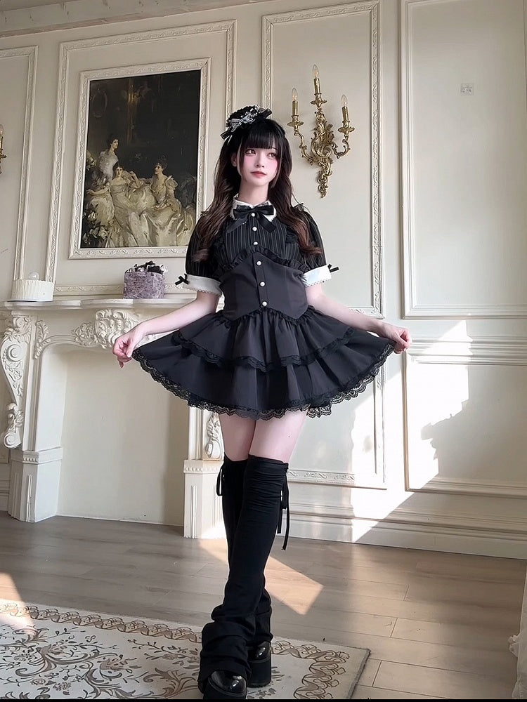 Shorts Faux Two-pieces and Dress Layered Kei Skirt Lace Black Jirai Striped Set- Trim