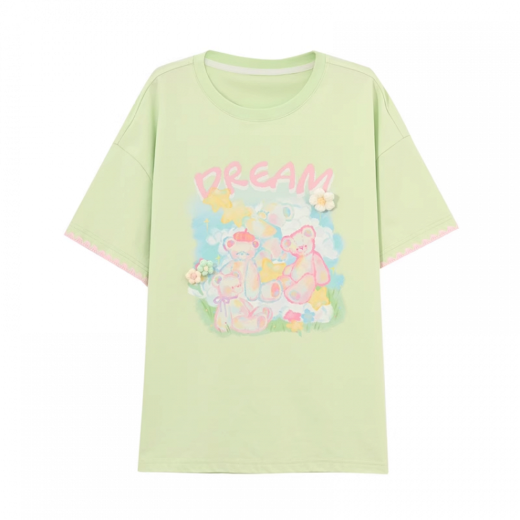 Akzente Grün Rundhals Teddybär Print Strick Lose T-shirt Floral