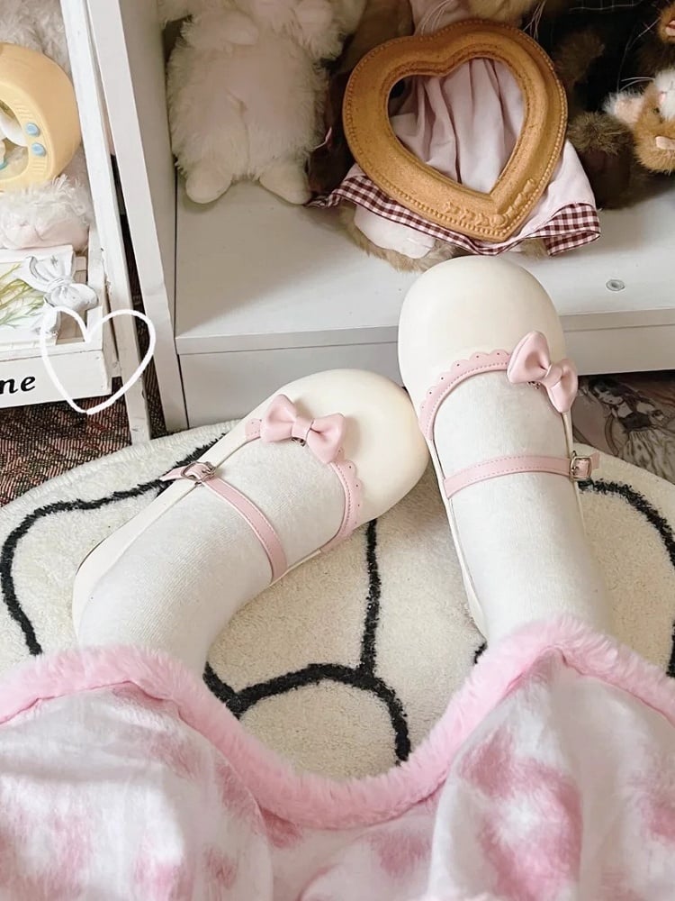 Schuhe Schleife Schnalle Kreis Lolita Beige Flach Rosa mit Spitze Rund Abnehmbar Süß