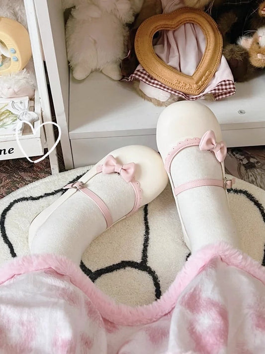 Schuhe Schleife Schnalle Kreis Lolita Beige Flach Rosa mit Spitze Rund Abnehmbar Süß