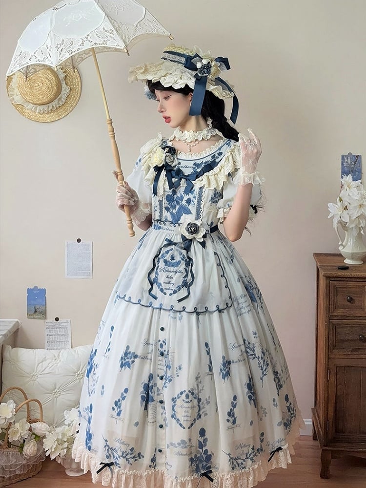 Self-tie Poetry Classic Sash Lolita Sizes Plus Blue Print Elegant and with Available Mulberry Dress