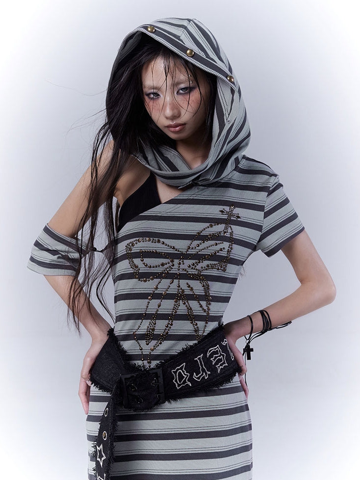 Cutout Wasteland Punk Hooded Buckle Gray Green Striped Dress and with Belt Shoulder