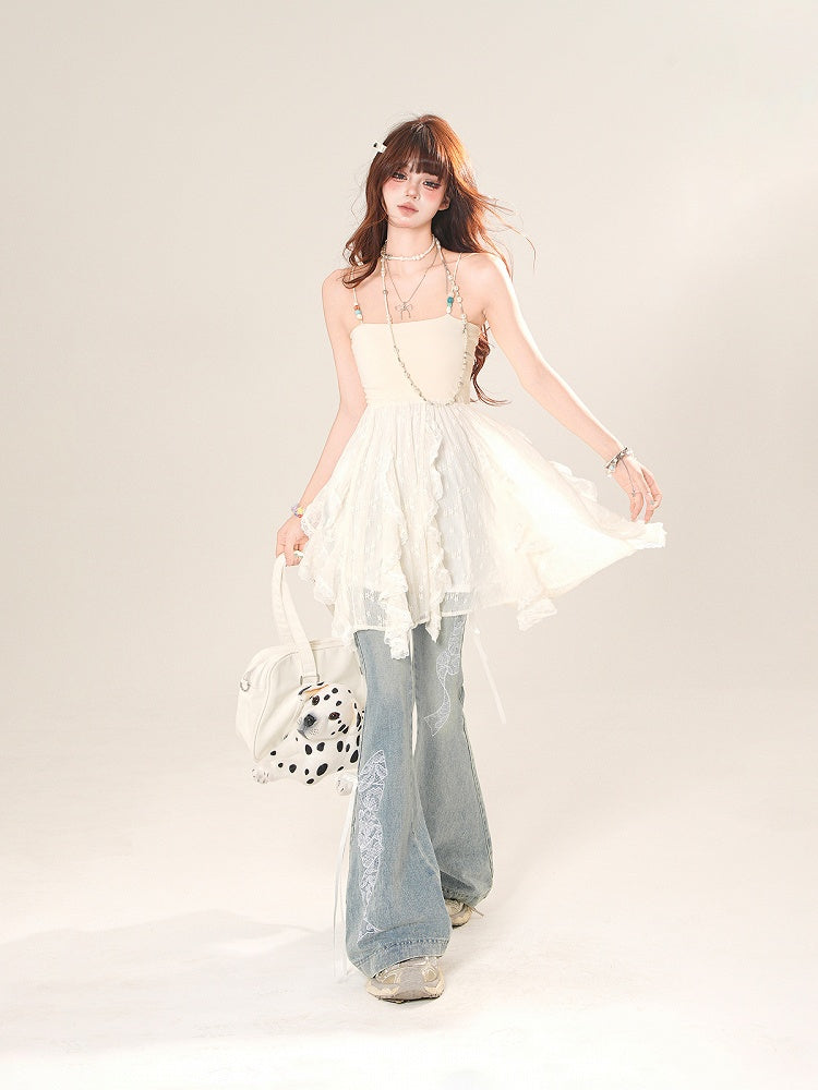 Cascading Ruffle Accents Lace Cami Top Blue/Apricot