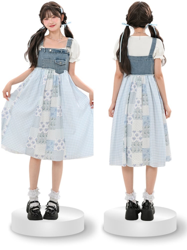 Mori Denim Overall Dress Blue Plaid and Floral Patchwork Design Kei