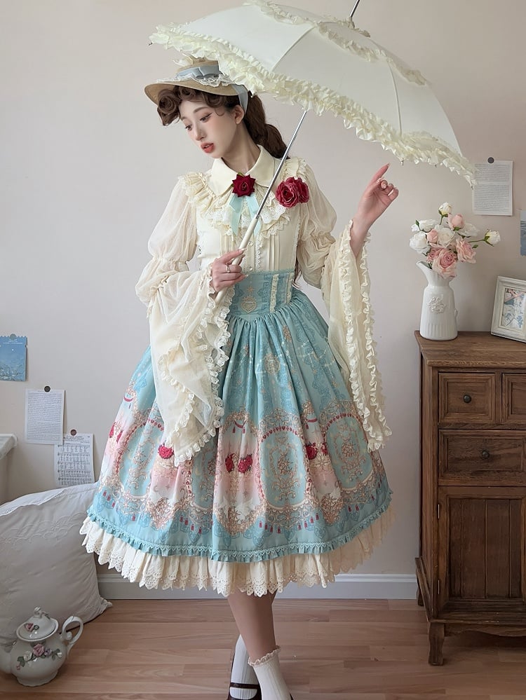 Apricot Bell Sleeves Tiered Scalloped Eyelet Trim Hemline Blouse with Lace Jabot Tie