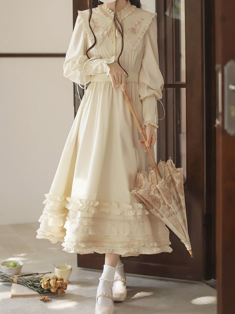 mit floralen Manschetten Hammelkeulenkragen Vintage-Ärmel Aprikosenkleid Schnürstickerei