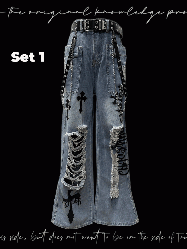 Jeans Wash Glamorous Flared Faded Blue Distressed Holes Cross Appliques