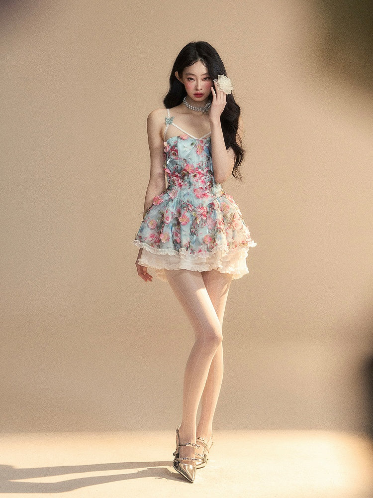 Accents Blue Oil Painting Print Floral Butterfly Slip Dress Ruffle Mini Trim and