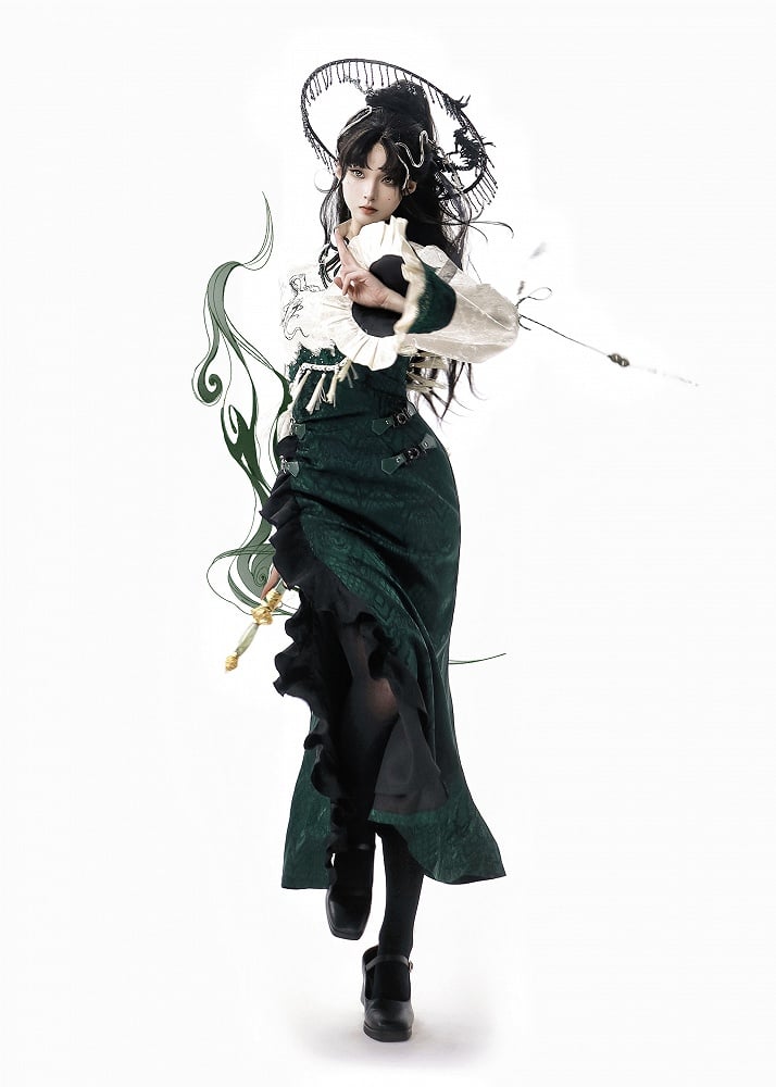 Slythern Grüne Volantärmel Cheongsam-Stil Goth Schlangenschuppenmuster Qipao-Kleid Kurz-/Langversion