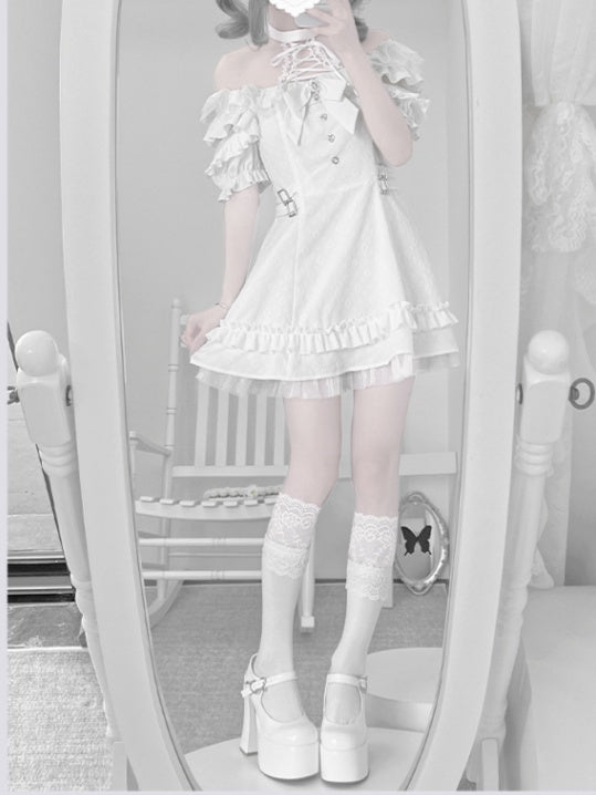 Weißes Jirai-Kleid mit Schnürung und Neck Kei-Krawattenschleife