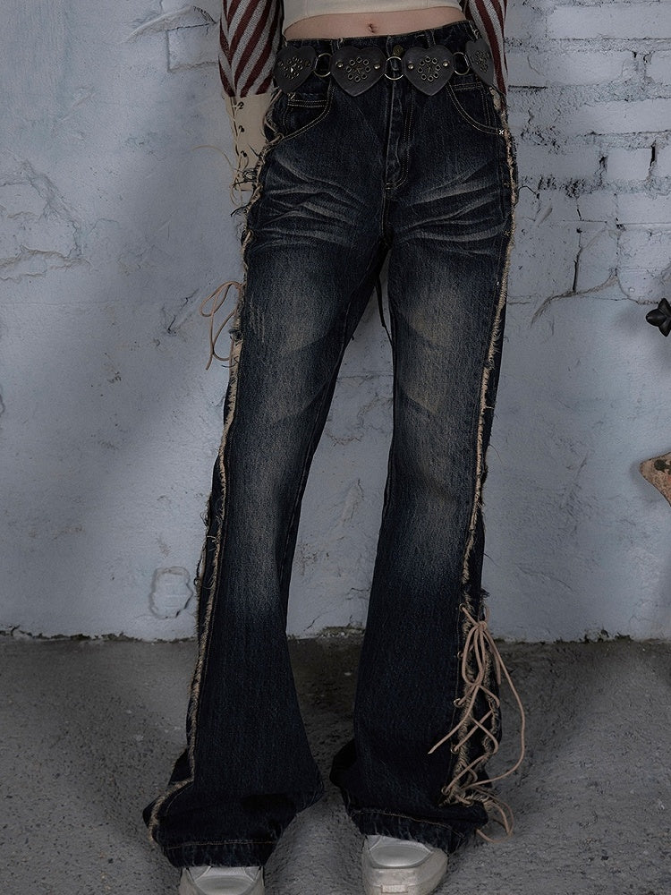 Fishtail Punk Lace-up Detail Wasteland Dark Jeans Hem Raw Blue