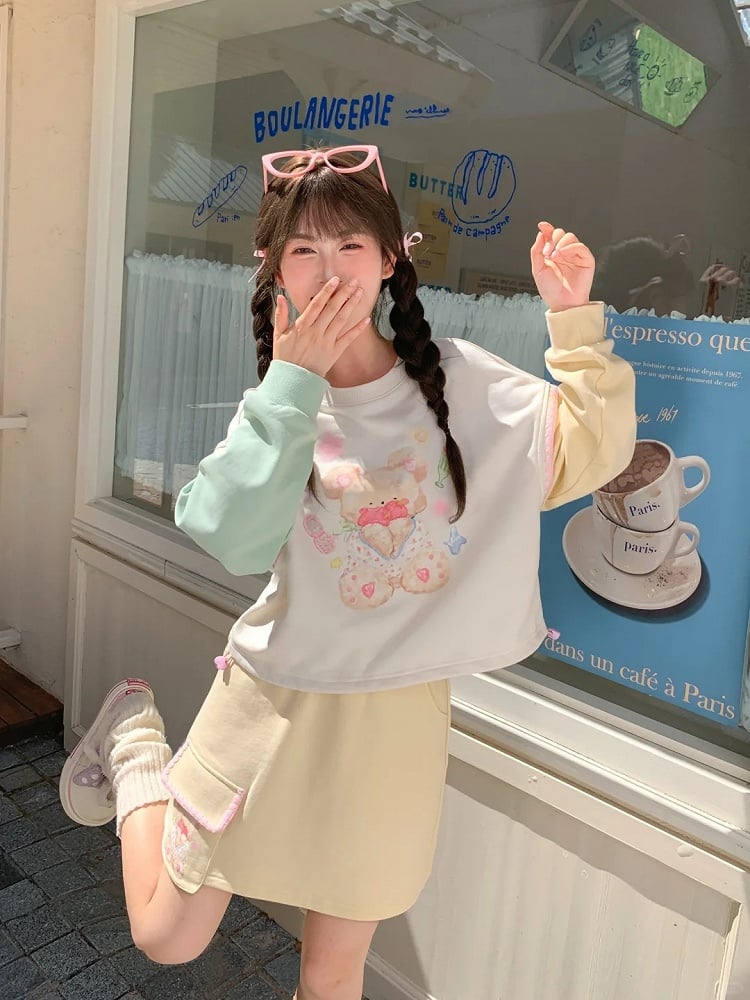 Green Teddy Bear Print Drawstring Sweatshirt Hem Yellow Design Colorblock Autumn and