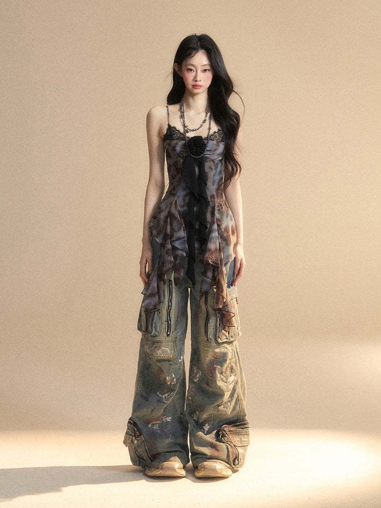 Black Asymmetrical Flounce Hem Floral Embellished Glamorous Cami Top
