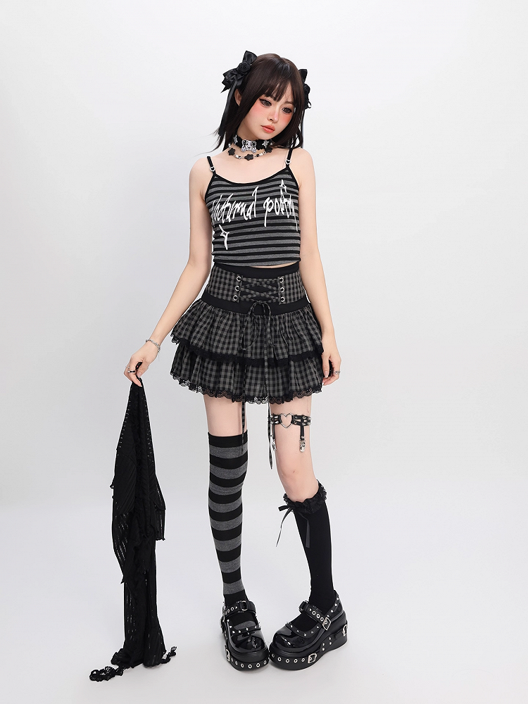 Self-tie Y2K Striped Cami Top with Black Cropped Coverup Set