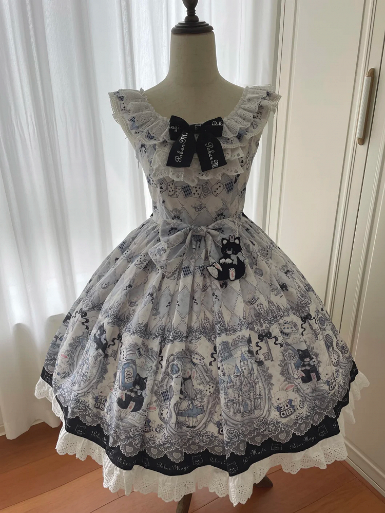 in Wonderland Theme Bunny Sweet Lolita Jumper Print Skirt and Alice Kitty Dress