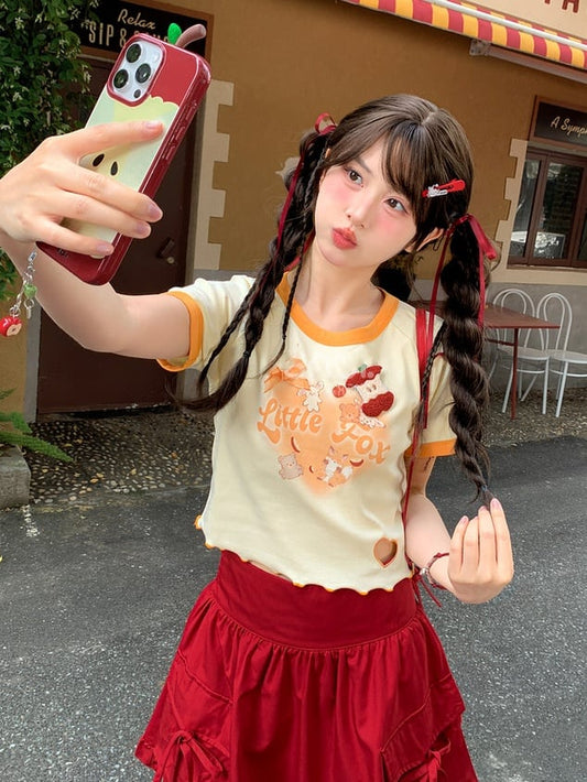 Yellow Cartoon Animal Print Heart Cutout Short Version T-Shirt with Apple Brooch