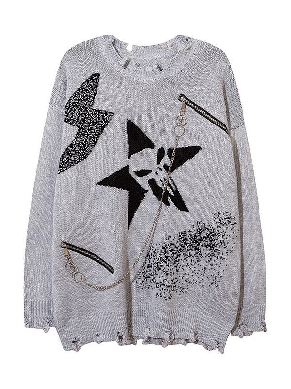 and Black/Gray Distressed Knit Sweater with Zipper Chain Detail