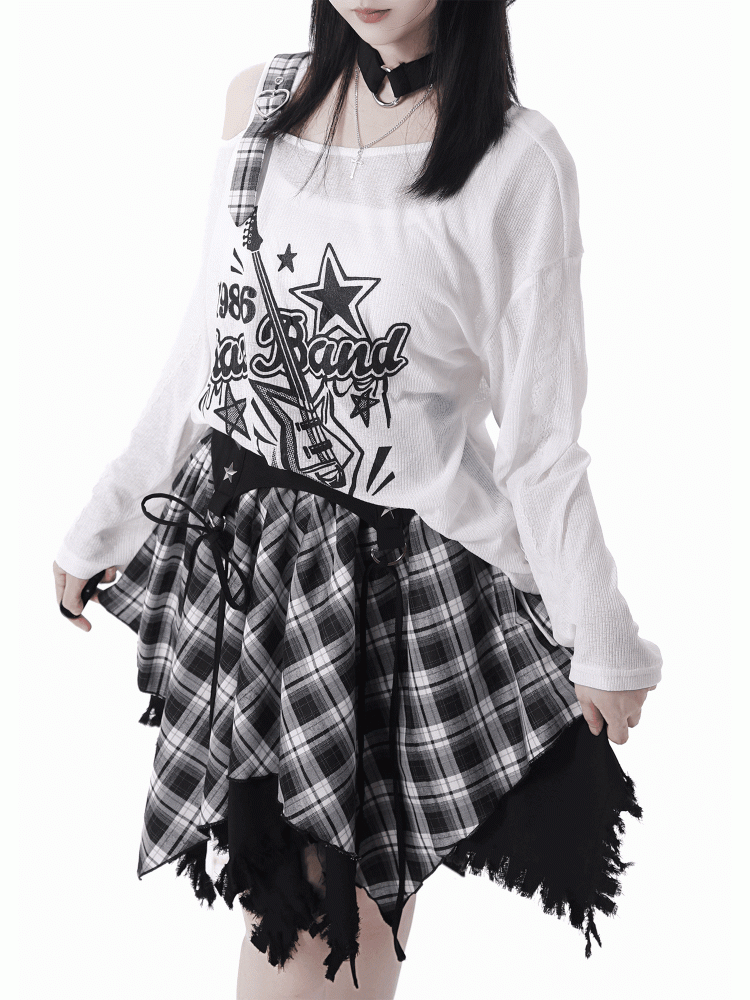 Plaid Skirt White /Black Frayed Handkerchief Hem Blue