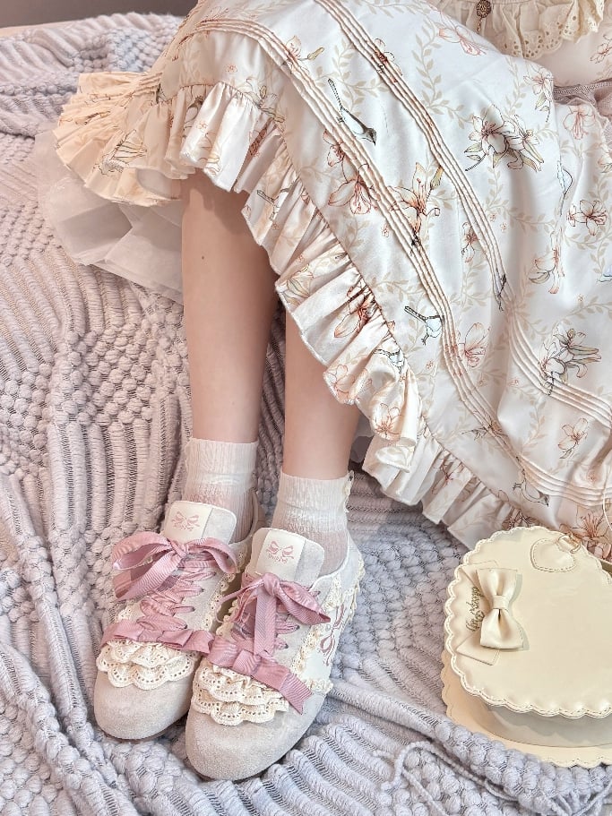 Trim Lolita Front Sneakers Schnür-Balletcore Süße rosa Spitzenbänder
