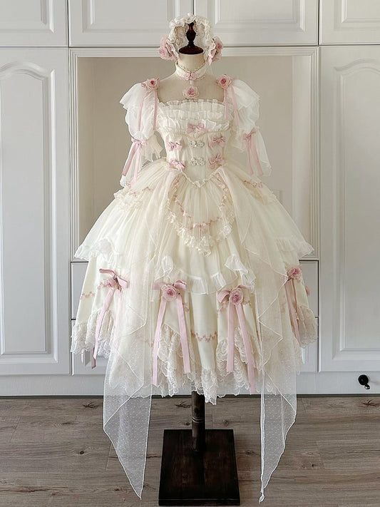 Beige Floral Fairy Basque Waist Bowknots Decoration Hanayome Lolita OP / Full Set