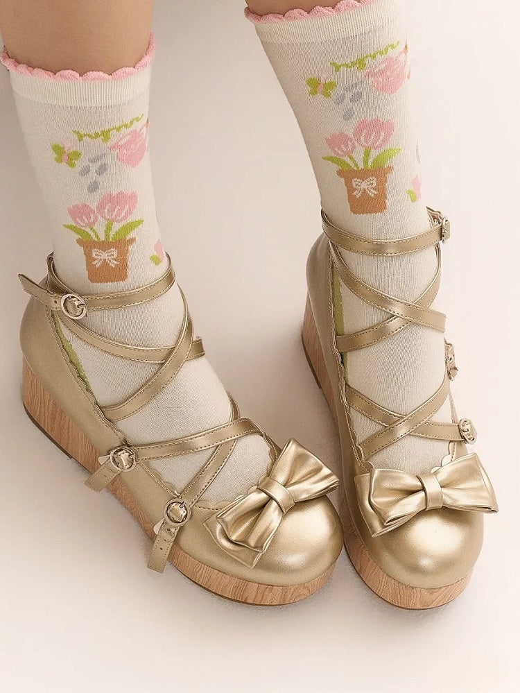 Design PU-Schuhe mit süßer Schleife Lolita Crisscross Golden Accent Plateau Keil